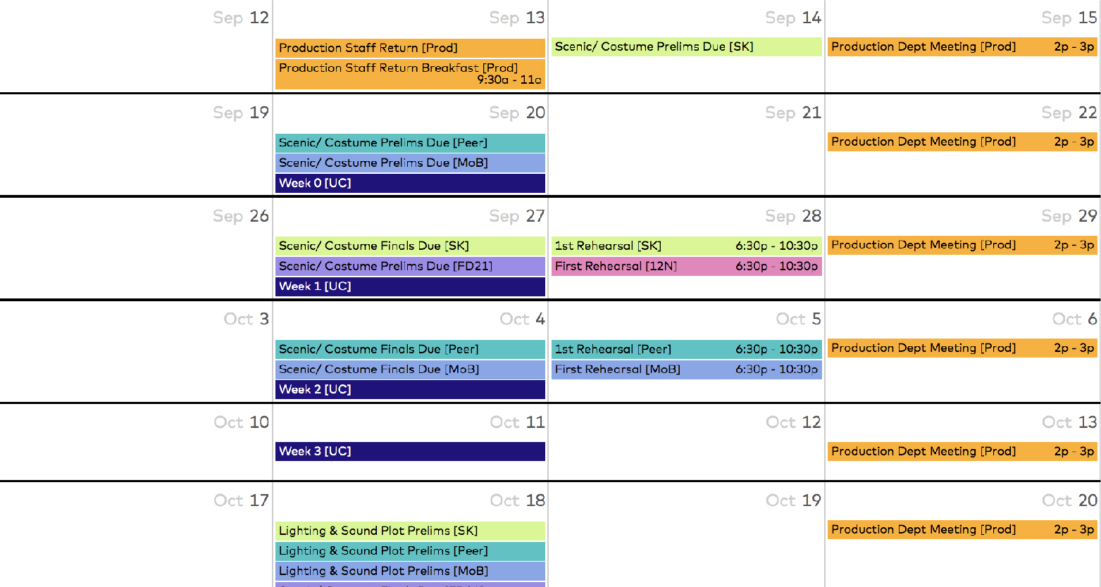 screen shot of a calendar, depicting rehearsal dates and deadlines